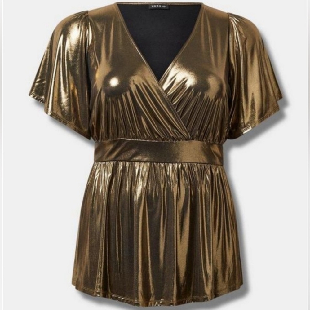 Torrid gold liquid shine surplice split sleeve peplum blouse size 3